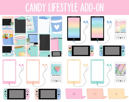 Candy Lifestyle Add-On Digital Stickers | GoodNotes & iPad | TV, Playlist, Travel, Reading, Work, Groceries