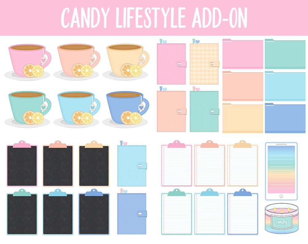 Candy Lifestyle Add-On Digital Stickers | GoodNotes & iPad | TV, Playlist, Travel, Reading, Work, Groceries