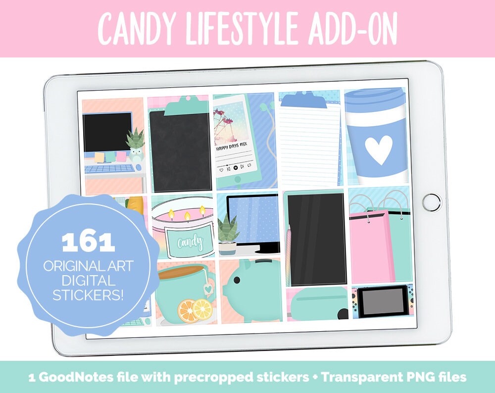 Candy Lifestyle Add-On Digital Stickers | GoodNotes & iPad | TV, Playlist, Travel, Reading, Work, Groceries