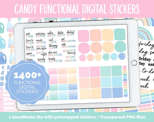 Candy Functional Digital Sticker Set | GoodNotes, iPad & Android | Papers, Sticky Notes, Chores, Work, Adulting, Tasks, Dates