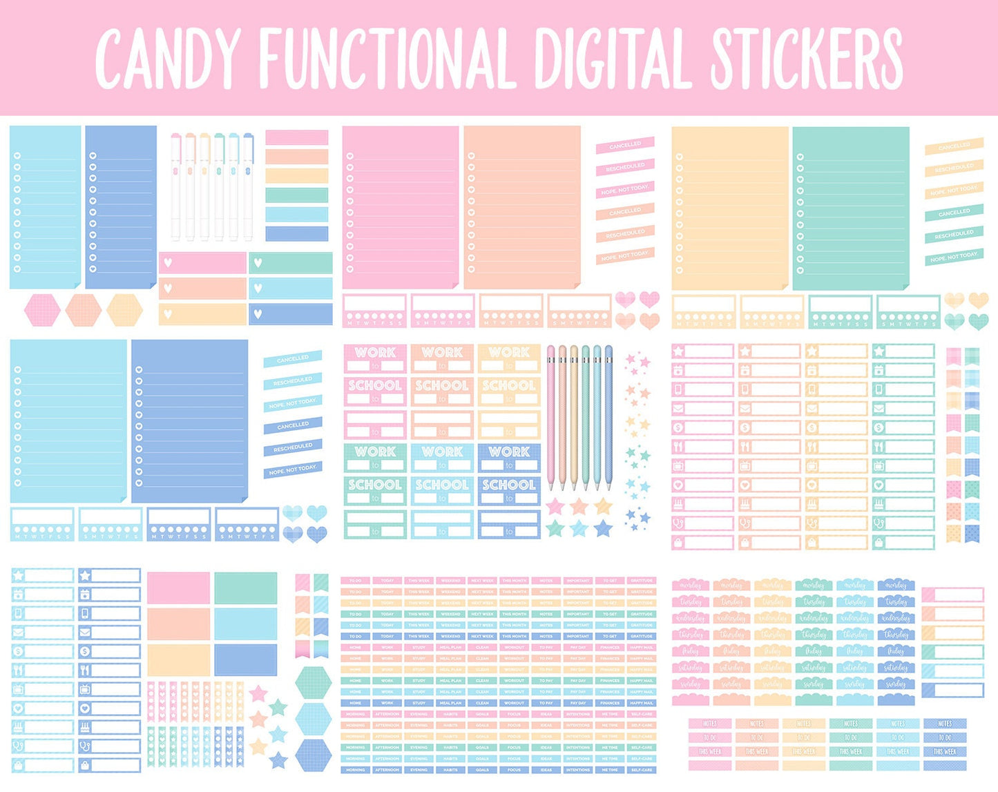Candy Functional Digital Sticker Set | GoodNotes, iPad & Android | Papers, Sticky Notes, Chores, Work, Adulting, Tasks, Dates