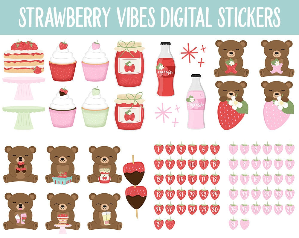 Strawberry Vibes Digital Stickers | GoodNotes, iPad & Android | Fruit, Bubbles, Functional, Tasks