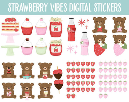 Strawberry Vibes Digital Stickers | GoodNotes, iPad & Android | Fruit, Bubbles, Functional, Tasks