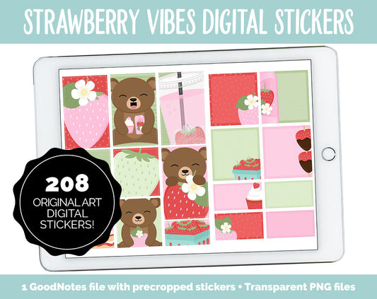 Strawberry Vibes Digital Stickers | GoodNotes, iPad & Android | Fruit, Bubbles, Functional, Tasks