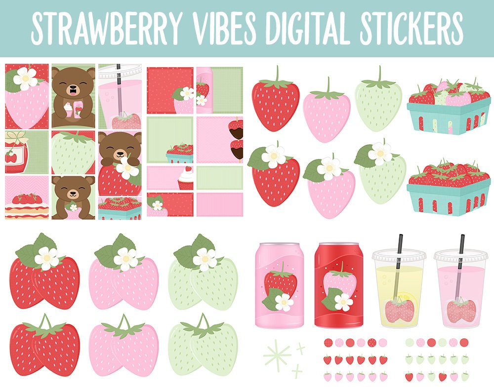 Strawberry Vibes Digital Stickers | GoodNotes, iPad & Android | Fruit, Bubbles, Functional, Tasks