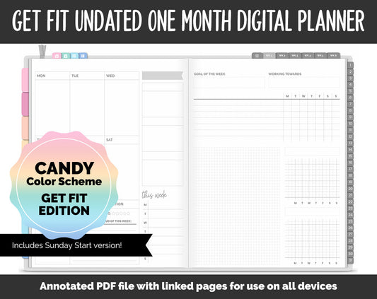 Undated Get Fit One Month Digital Planner | Candy Theme | GoodNotes, iPad & Android | Fitness, Self-Care, Health, Workout