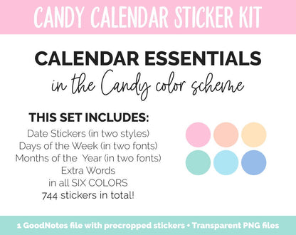 Candy Calendar Essentials Digital Planner Stickers | GoodNotes, iPad and Android | Dates, Days of the Week, Months