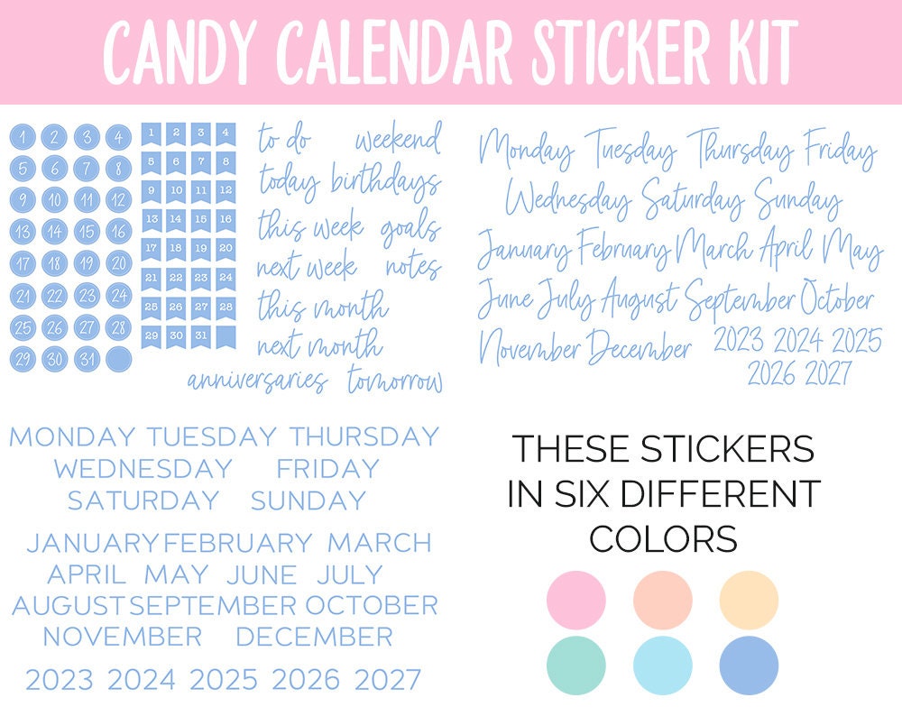 Candy Calendar Essentials Digital Planner Stickers | GoodNotes, iPad and Android | Dates, Days of the Week, Months