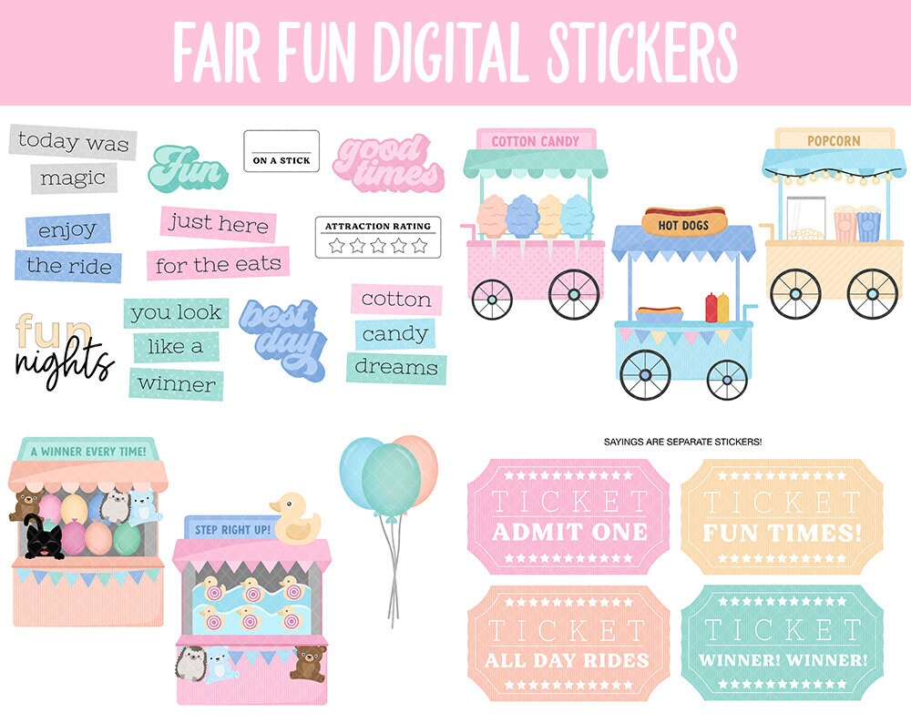 Fair Fun Digital Planner Stickers | GoodNotes, iPad and Android | Carnival, Amusement Park, Circus, Food, Rides, Summer, Pastel