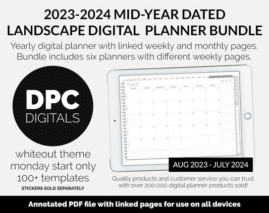 BUNDLE! 2023-2024 Dated Mid-Year Landscape Digital Planner | Whiteout | GoodNotes, iPad & Android | Academic Year