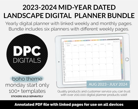 BUNDLE! 2023-2024 Dated Mid-Year Landscape Digital Planner | Boho | GoodNotes, iPad & Android | Academic Year