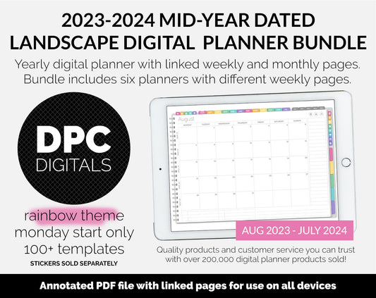 BUNDLE! 2023-2024 Dated Mid-Year Landscape Digital Planner | Rainbow | GoodNotes, iPad & Android | Academic Year