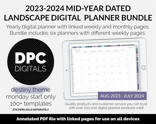 BUNDLE! 2023-2024 Dated Mid-Year Landscape Digital Planner | Destiny | GoodNotes, iPad & Android | Academic Year