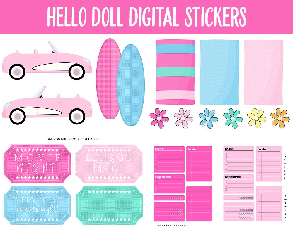 Hello Doll Digital Stickers | GoodNotes, iPad & Android | Summer, Movies, Beach, Planner Girls