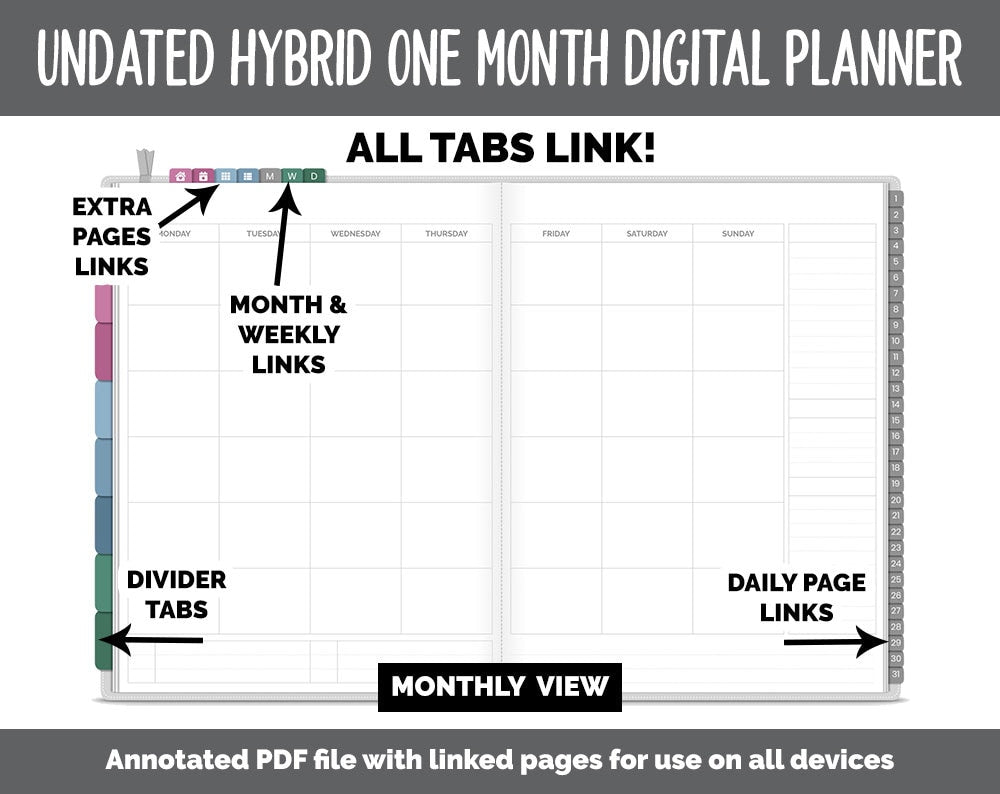 Undated Hybrid One Month Digital Planner | Bliss Theme | GoodNotes, iPad & Android