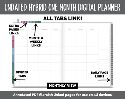 Undated Hybrid One Month Digital Planner | Bliss Theme | GoodNotes, iPad & Android