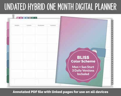 Undated Hybrid One Month Digital Planner | Bliss Theme | GoodNotes, iPad & Android