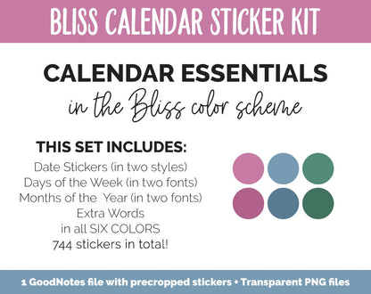 Bliss Calendar Essentials Digital Planner Stickers | GoodNotes, iPad and Android | Dates, Days of the Week, Months