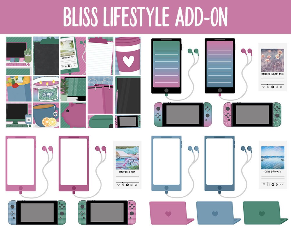 Bliss Lifestyle Add-On Digital Stickers | GoodNotes & iPad | TV, Playlist, Travel, Reading, Work, Groceries
