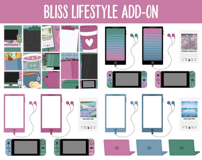 Bliss Lifestyle Add-On Digital Stickers | GoodNotes & iPad | TV, Playlist, Travel, Reading, Work, Groceries