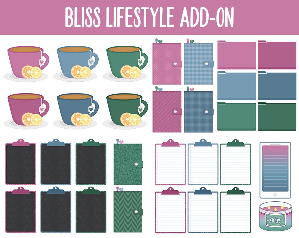 Bliss Lifestyle Add-On Digital Stickers | GoodNotes & iPad | TV, Playlist, Travel, Reading, Work, Groceries