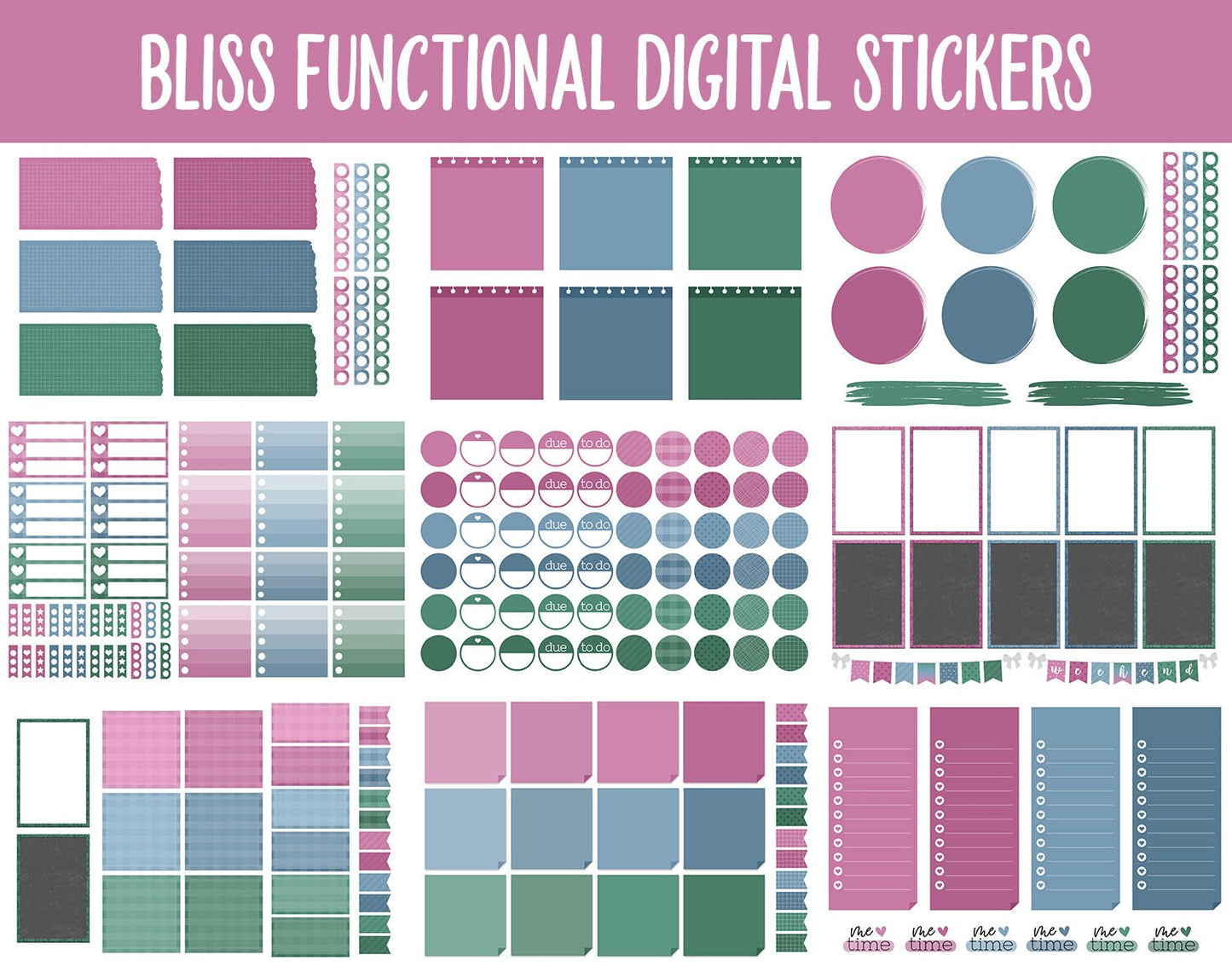 Bliss Functional Digital Sticker Set | GoodNotes, iPad & Android | Papers, Sticky Notes, Chores, Work, Adulting, Tasks, Dates