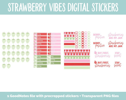 Strawberry Vibes Digital Stickers | GoodNotes, iPad & Android | Fruit, Bubbles, Functional, Tasks