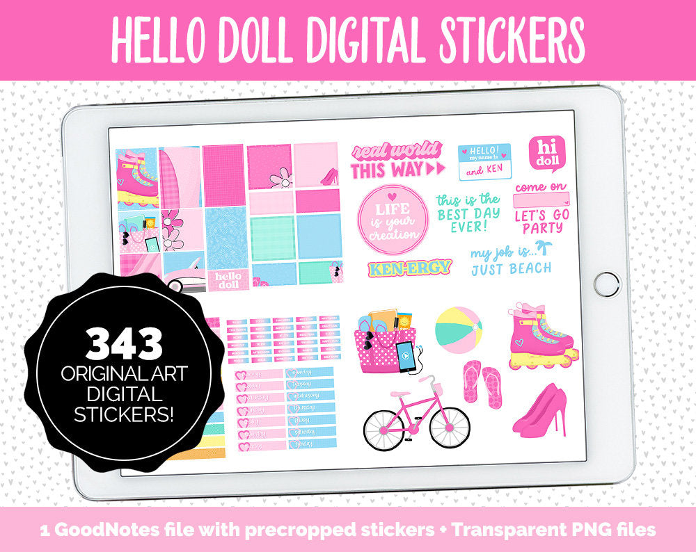 Hello Doll Digital Stickers | GoodNotes, iPad & Android | Summer, Movies, Beach, Planner Girls