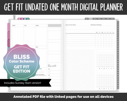 Undated Get Fit One Month Digital Planner | Bliss Theme | GoodNotes, iPad & Android | Fitness, Self-Care, Health, Workout