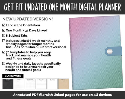Undated Get Fit One Month Digital Planner | Bliss Theme | GoodNotes, iPad & Android | Fitness, Self-Care, Health, Workout
