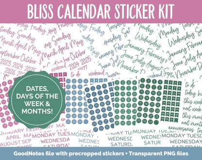 Bliss Calendar Essentials Digital Planner Stickers | GoodNotes, iPad and Android | Dates, Days of the Week, Months