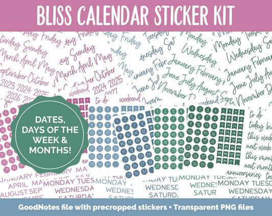 Bliss Calendar Essentials Digital Planner Stickers | GoodNotes, iPad and Android | Dates, Days of the Week, Months