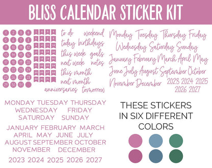 Bliss Calendar Essentials Digital Planner Stickers | GoodNotes, iPad and Android | Dates, Days of the Week, Months