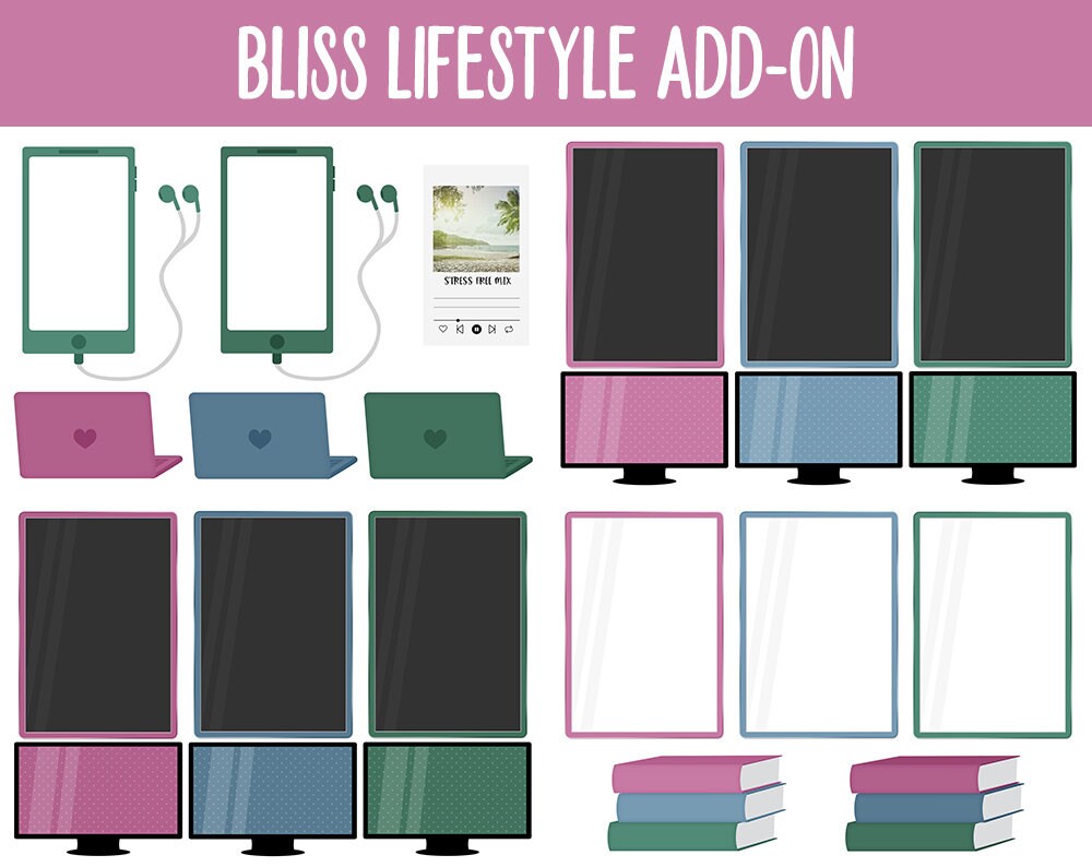 Bliss Lifestyle Add-On Digital Stickers | GoodNotes & iPad | TV, Playlist, Travel, Reading, Work, Groceries