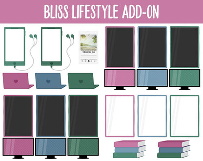 Bliss Lifestyle Add-On Digital Stickers | GoodNotes & iPad | TV, Playlist, Travel, Reading, Work, Groceries