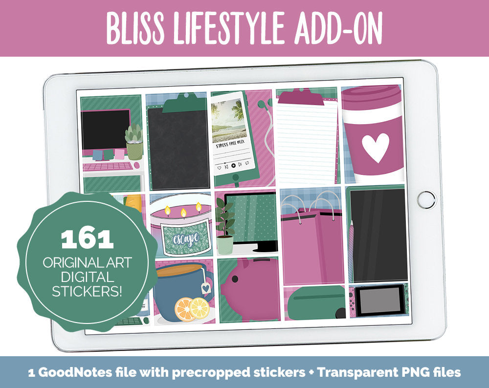 Bliss Lifestyle Add-On Digital Stickers | GoodNotes & iPad | TV, Playlist, Travel, Reading, Work, Groceries