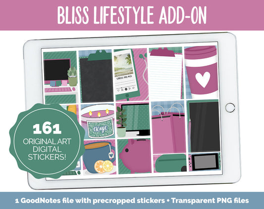 Bliss Lifestyle Add-On Digital Stickers | GoodNotes & iPad | TV, Playlist, Travel, Reading, Work, Groceries