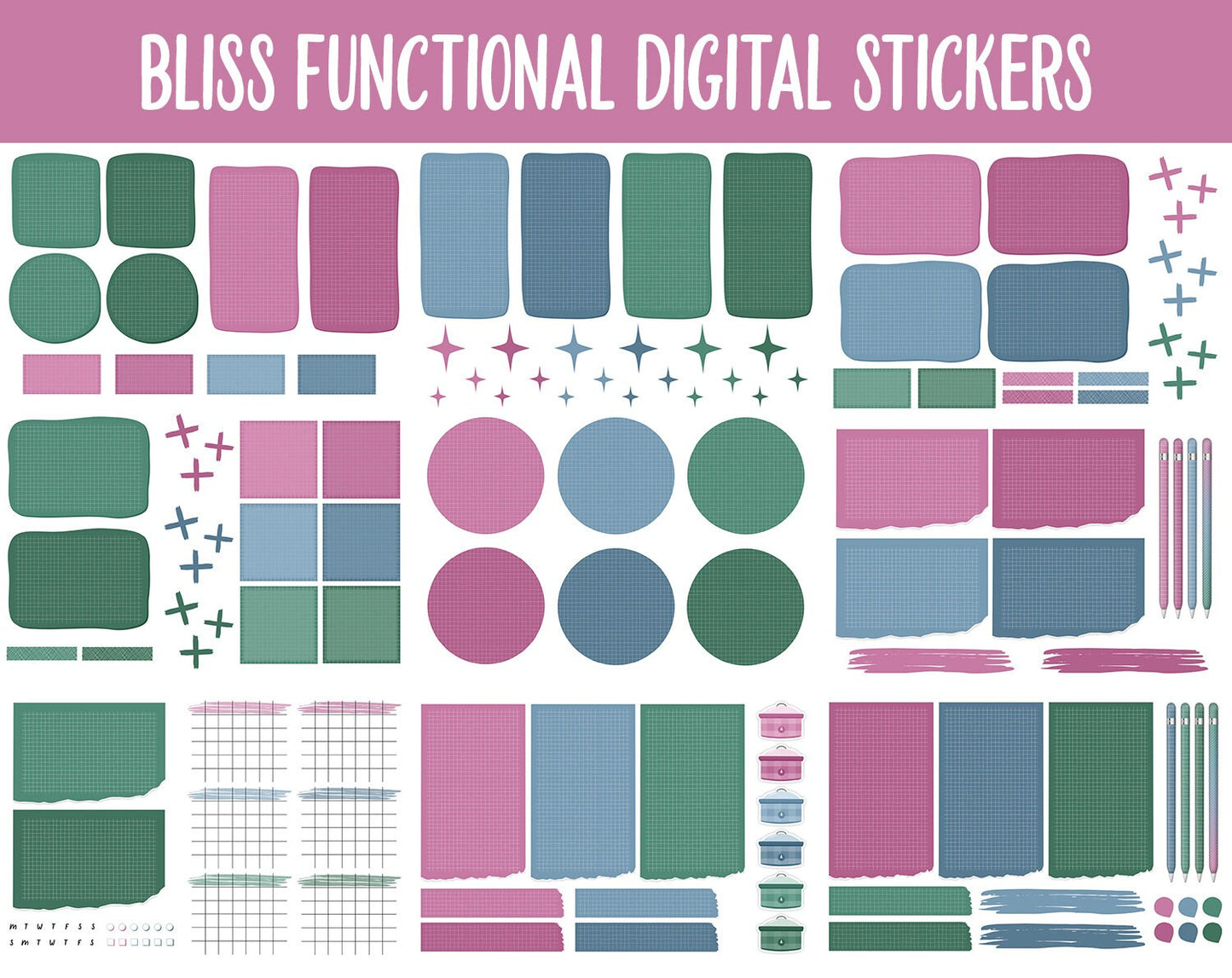 Bliss Functional Digital Sticker Set | GoodNotes, iPad & Android | Papers, Sticky Notes, Chores, Work, Adulting, Tasks, Dates