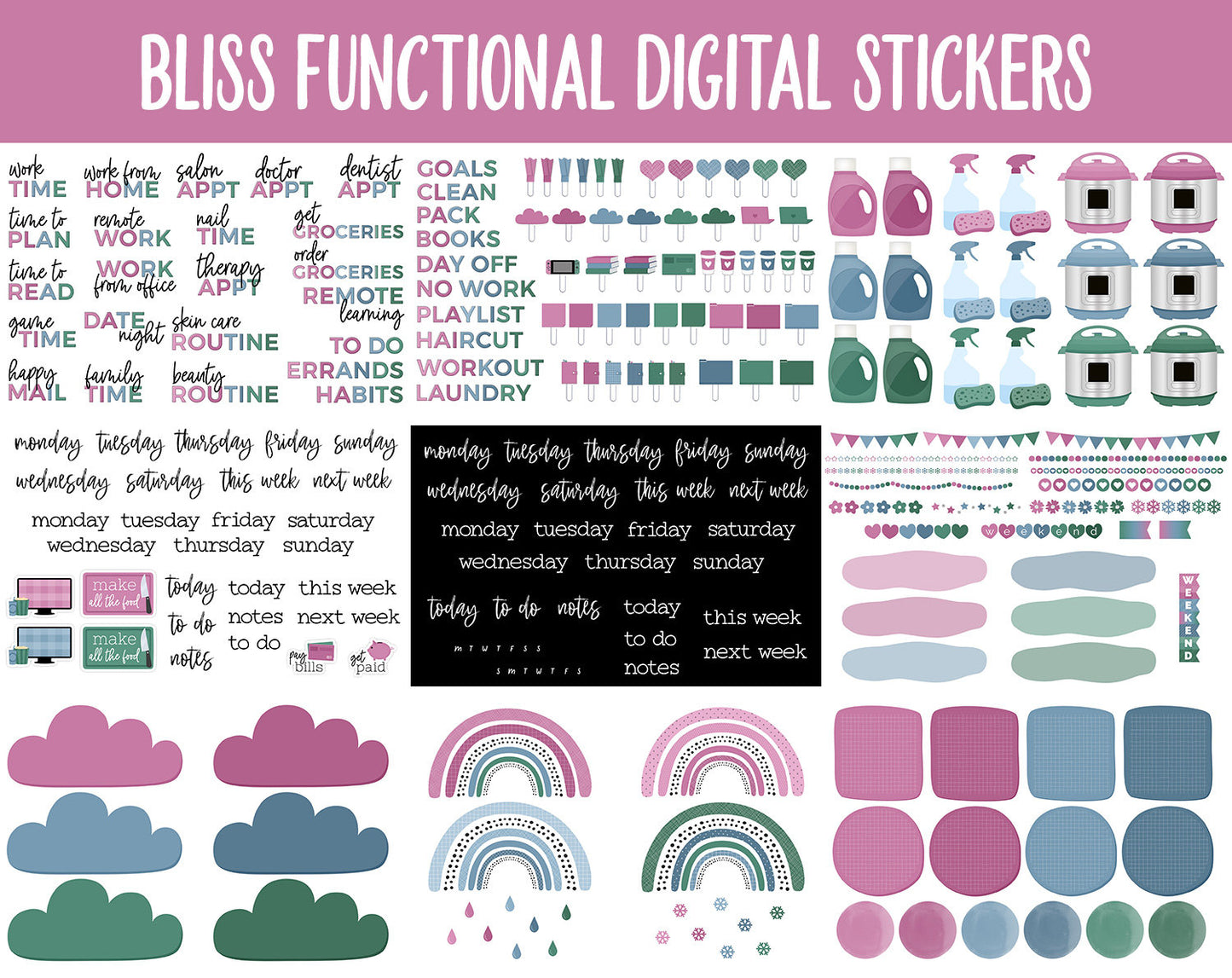 Bliss Functional Digital Sticker Set | GoodNotes, iPad & Android | Papers, Sticky Notes, Chores, Work, Adulting, Tasks, Dates