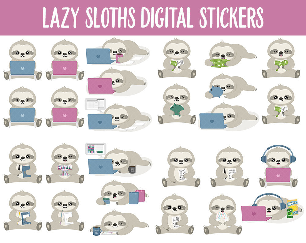 Lazy Sloths Digital Planner Stickers | GoodNotes, iPad and Android | Activities, Tasks, Sassy, Simon, August