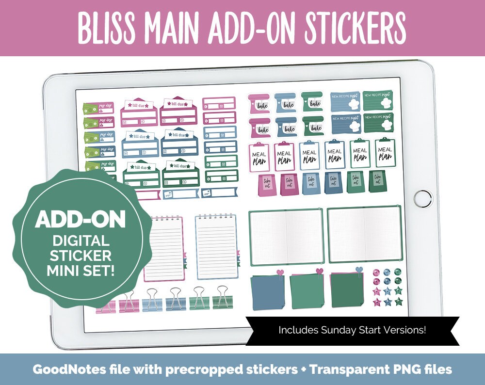 Bliss Add-On Digital Stickers | GoodNotes & iPad | Trackers, Budget, Meal Planning, Health, Habits