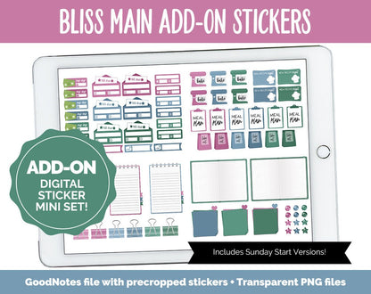 Bliss Add-On Digital Stickers | GoodNotes & iPad | Trackers, Budget, Meal Planning, Health, Habits