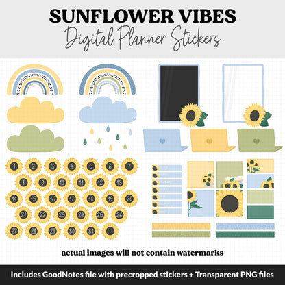Sunflower Vibes Digital Planner Stickers | GoodNotes, iPad and Android | Floral, Huey, Gnomes, Bubbles, Functional