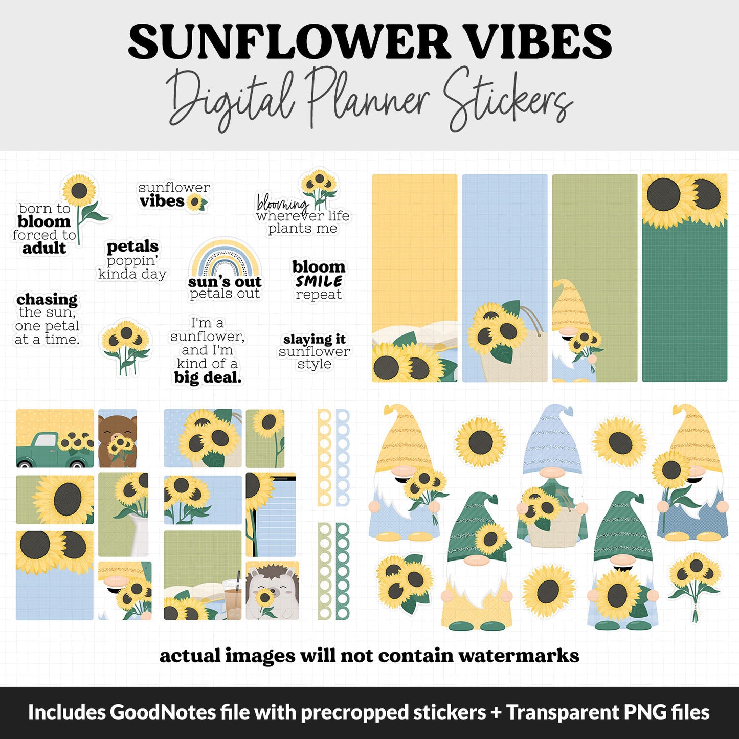Sunflower Vibes Digital Planner Stickers | GoodNotes, iPad and Android | Floral, Huey, Gnomes, Bubbles, Functional