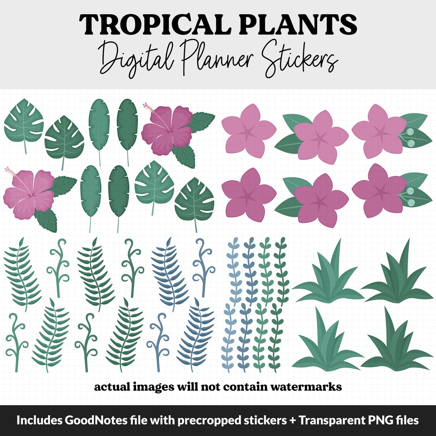 Tropical Plants Digital Planner Stickers | GoodNotes, iPad and Android | Floral, Hibiscus, Palm, Tropics, Functional