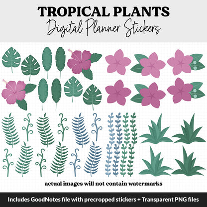 Tropical Plants Digital Planner Stickers | GoodNotes, iPad and Android | Floral, Hibiscus, Palm, Tropics, Functional