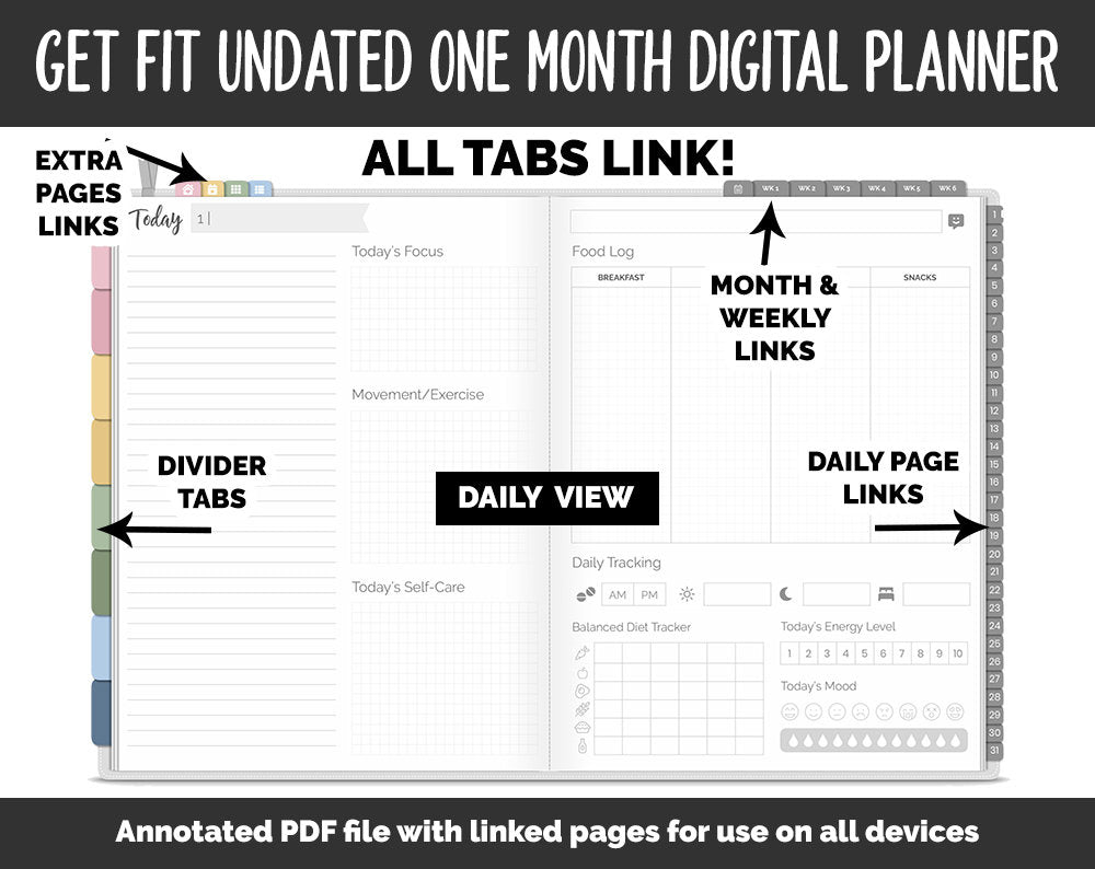 Undated Get Fit One Month Digital Planner | Sunrise Theme | GoodNotes, iPad & Android | Fitness, Self-Care, Health, Workout