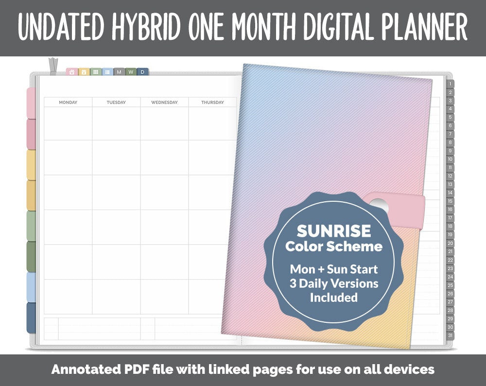 Undated Hybrid One Month Digital Planner | Sunrise Theme | GoodNotes, iPad & Android