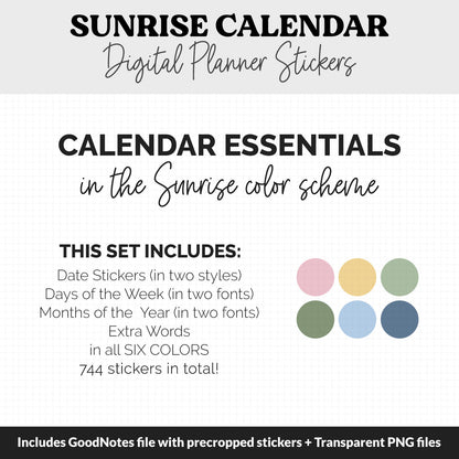 Sunrise Calendar Essentials Digital Planner Stickers | GoodNotes, iPad and Android | Dates, Days of the Week, Months