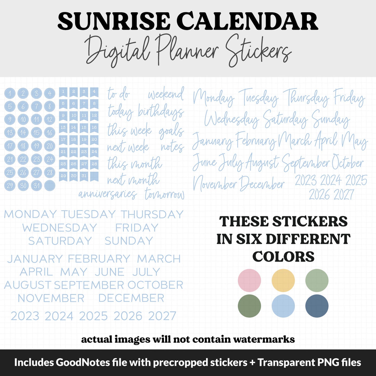 Sunrise Calendar Essentials Digital Planner Stickers | GoodNotes, iPad and Android | Dates, Days of the Week, Months